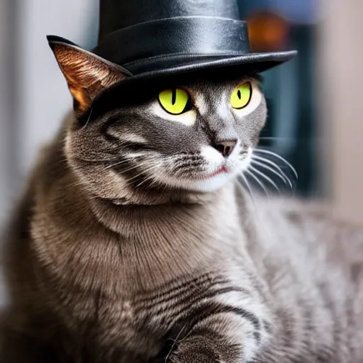 Image similar to a cat wearing a black leather hat, frontal view, cool looking