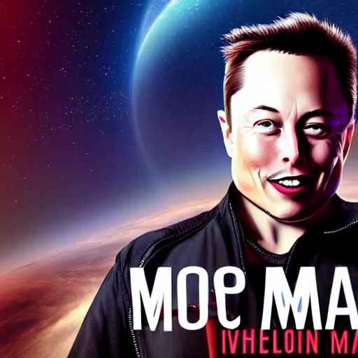 Prompt: movie poster of elon musk as a villain who looks at the planet mars with a macabre smile, his face is illuminated with a red light, john alvin style
