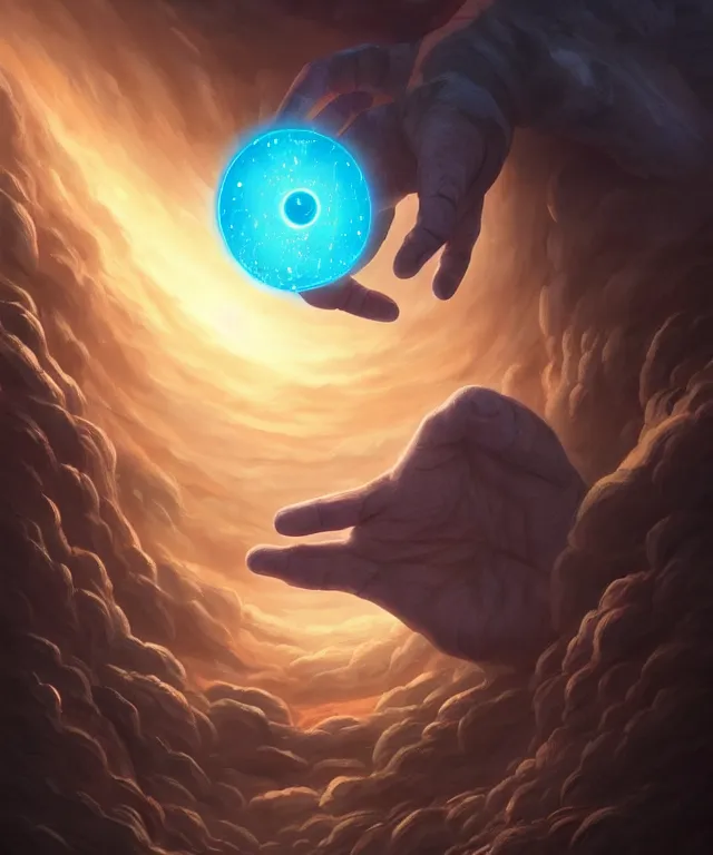 Prompt: a giant hand emerges from a portal in the sky, epic scale, in the art style of robbie trovino, digital painting, artstation, instagram, sharp focus, illustration, crisp 8 k lineart, surrealism