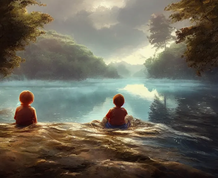 Prompt: a boy and girl sitting together on one single boat. Romantic. Girl has auburn hair, boy has short black hair. Narrow river in a forest, rocky shore, trees, shady, blue waters, ripples, waves, reflections, details, sharp focus, illustration, by Jordan Grimmer and greg rutkowski, Trending artstation, pixiv, digital art