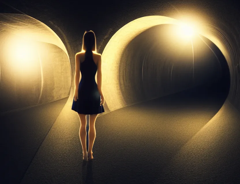 Image similar to woman, highspeed hyper jump in space accelerated movement in the tunnel blurry forward movement glowing beams of light | | sunny night, full moon, dreamlike art, realistic shaded, smile, good looking, hyper details, 4 k realistic, cryengine, realistic shaded lighting poster 8 k resolution, trending on artstation, luxury