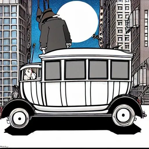 Image similar to a study of cell shaded cartoon limousine from howl's moving castle ( 2 0 0 4 ) on the streets of nyc, in front of a big moon, full body, wide shot, very muted colors, post grunge, studio ghibli, laurie greasley, highly detailed, deviantart, art by artgem