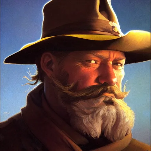 Image similar to N. C. Wyeth painting bearded gunslinger, painted fantasy character portrait, headshot, fantasy, highly detailed, digital painting, artstation, concept art, sharp focus, illustration, art by the golden age of American illustration archive, simon bisley and frank frazetta, artgerm and greg rutkowski and alphonse mucha