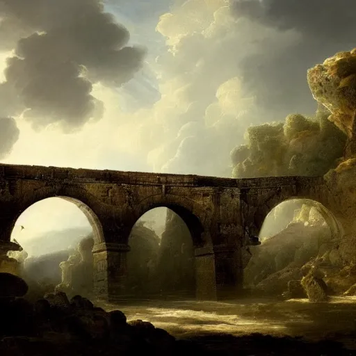 Prompt: digital fantasy of ruined with crystal openwork lace bridge aqueduct at mountain painting by hubert robert high resolution devianart detailed, dreamy, clouds, river