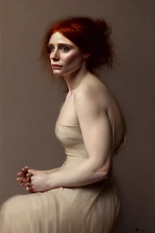 Prompt: portrait en buste Bryce Dallas Howard in Georgian dress by Roberto Ferri, by Jeremy Lipking, Realism, abundant detail, muted tones, Regency-Era