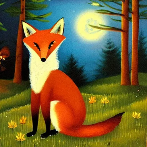 Prompt: A fox playing the piano in a meadow in the forest during the night under the moonlight, children’s book oil painting