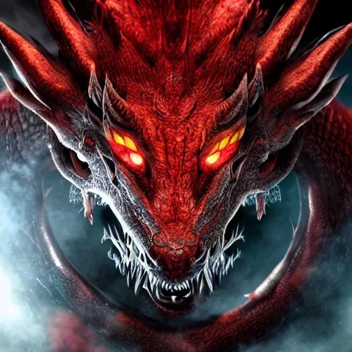 Image similar to portrait of the most fierce dragon ever, burning red eyes, photorealistic, intense lighting, unreal engine