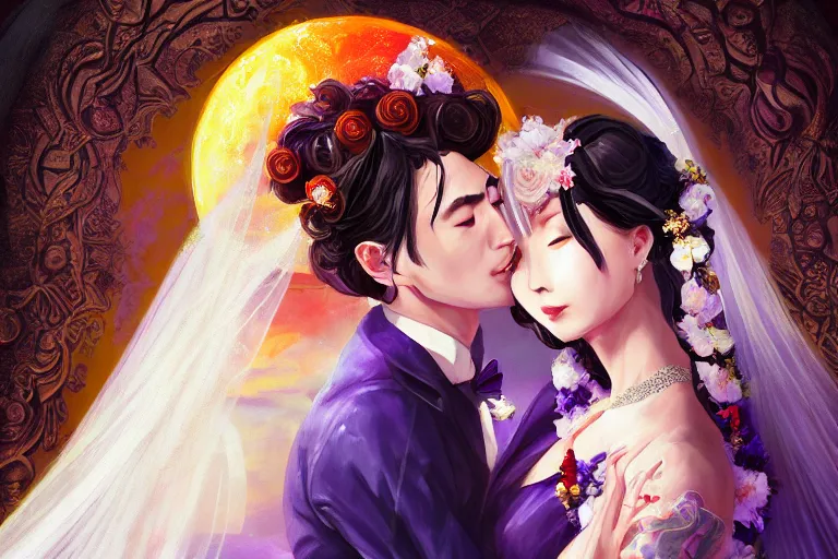 Image similar to a cinematic portrait of wedding photograph jpeg close up moment of a divine a japan sun god and moon goddess lovers magician at a wedding banquet. portraiture. digital painting. artstation. concept art. wedding photo. digital painting. violet evergarden art masterpiece by art by krenz cushart