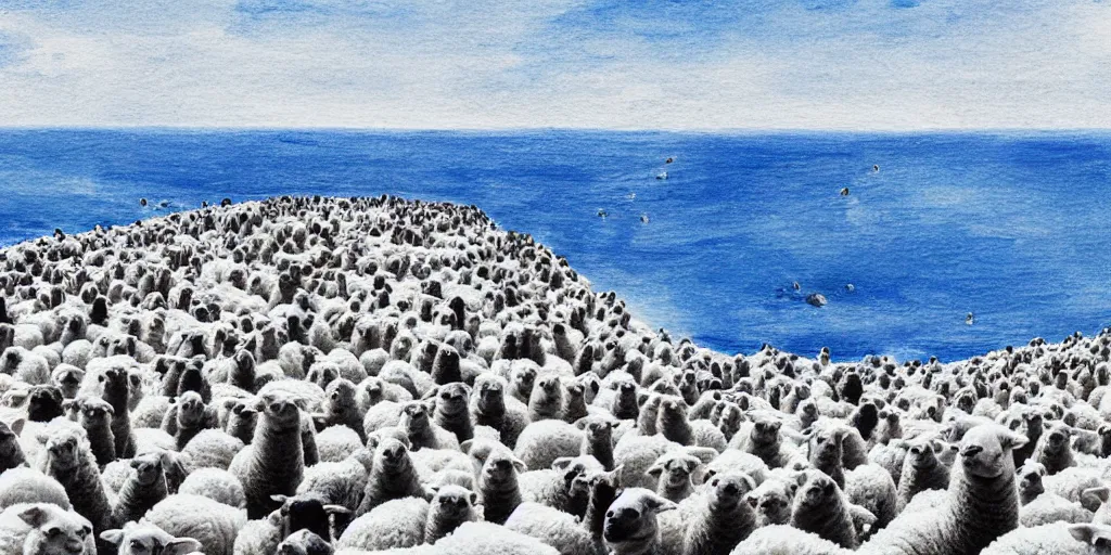 Prompt: sixty six white sheep running fast in the direction of a cliff and we can see them falling like lemmings down the rocks below to the sea and the crashing white waves, there is one single black sheep going against the crowd, clear blue skies, old colored sketching, lateral sideways horizon panoramic shot