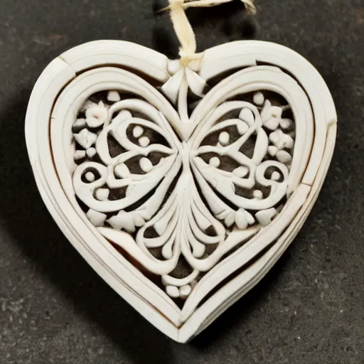 Image similar to intricate heart delicately carved into block of ivory, c anon 5 d 5 0 mm lens