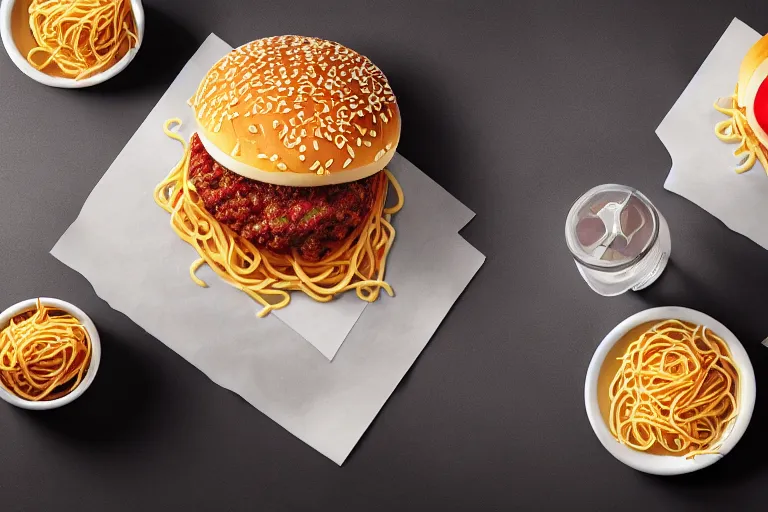 Image similar to mcdonalds spaghetti burger, commercial photography