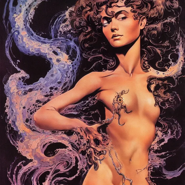 Image similar to portrait of a woman with swirling hair and fractal skin by frank frazetta, retrofuturism, psychedelic art reimagined by industrial light and magic