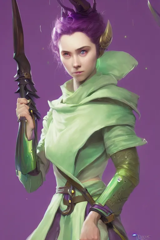 Image similar to portrait of a cute warlock girl with a staff in warlock armor, soft, purple and green, by tom bagshaw and atey ghailan and artgerm and and greg rutkowski, hyper realistic, octane render, trending on artstation