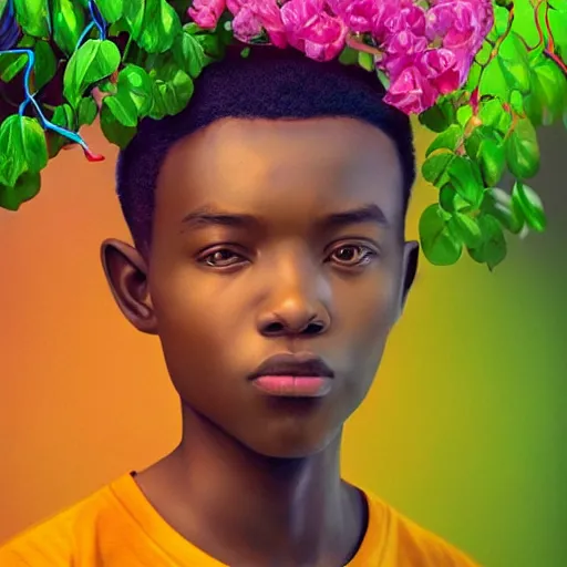 Prompt: colourful vfx art - portrait of nigerian boy wrapped in flowers & vines, art by hsiao - ron cheng & james jean, volumetric light, ray tracing, colourful, sharp, detailed, digital painting, illustration, illustration, highly detailed, intricate detail, unreal engine, octane render, pinterest, behance, art station,