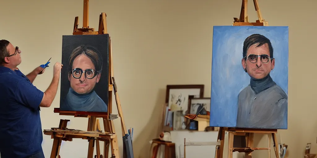 Image similar to stuart, the one eyed minion, stands at his easel, painting a portrait of a steve carell