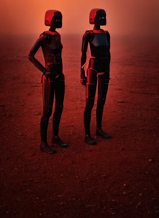 Image similar to cinestill 5 0 d photographic portrait by steve mccurry of two loving female androids wearing rugged black mesh techwear on a desolate plain with a red sky, extreme closeup, cyberpunk style, dust storm, 8 k, hd, high resolution, 3 5 mm, f / 3 2, ultra realistic faces, ex machina, blade runner