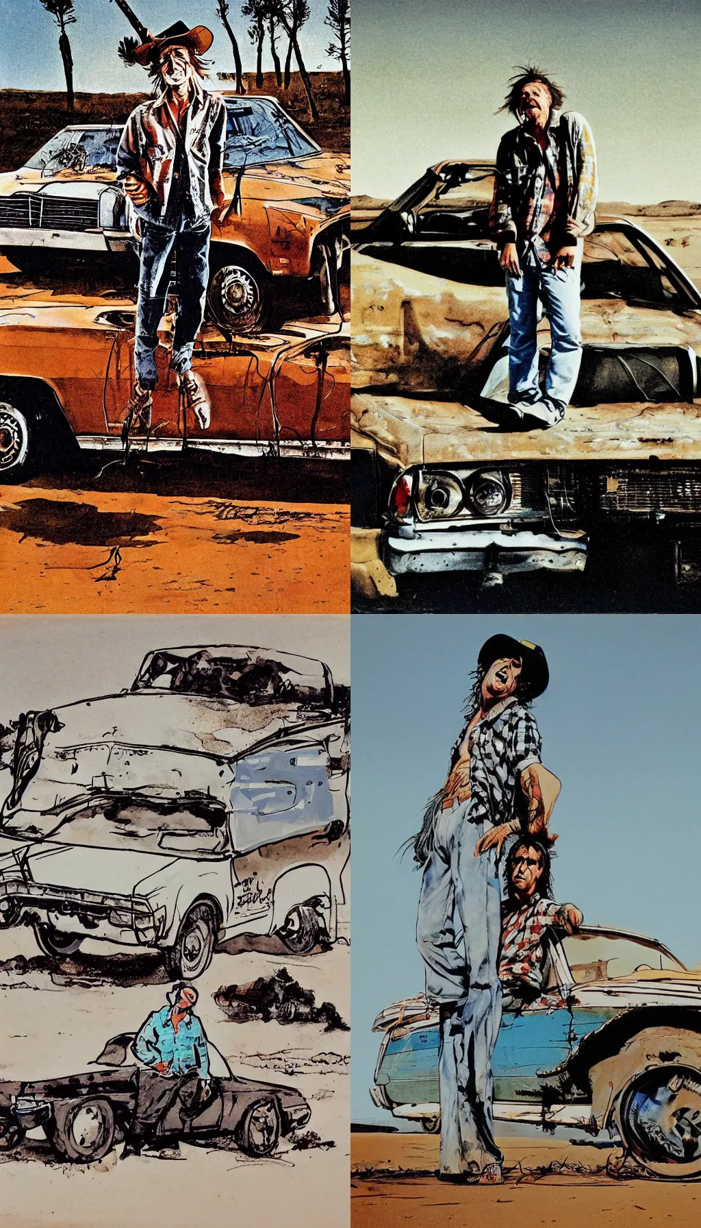 Prompt: ralph steadman illustration of a young man wearing a flannel shirt with a mullet and a dangle earring, standing in front of an old el camino car, desert landscape, panting, film grain, surreal