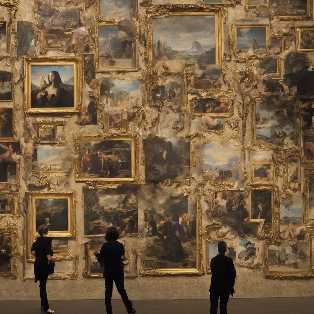 Prompt: an art lover at an exhibition looking at the most famous painting in the world