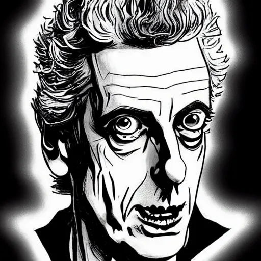 Image similar to Peter Capaldi in a scene from Pokemon, artstation, concept art, sharp focus, illustration in pen an ink, black and white, art by Masashi Tanaka