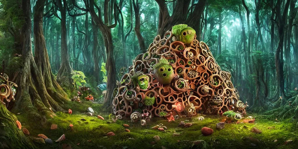 Image similar to of an intricate forest with strange cute friendly happy creatures with huge eyes, mouth, long tongue, round teeth and goofy face, appearing from the background, in the style of gehry and gaudi, macro lens, shallow depth of field, ultra detailed, digital painting, trending artstation, concept art, illustration, cinematic lighting, photorealism, epic, octane render