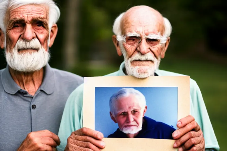 Image similar to young man holding a photograph of him as a old man