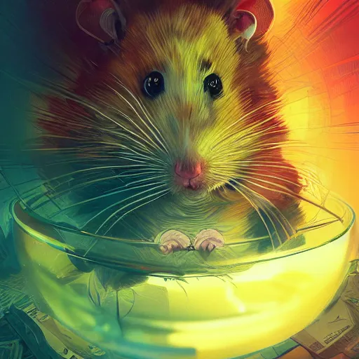 Image similar to very scared hamster, dollars on background, digital illustration portrait design, by android jones and greg rutkowski, retrowave color scheme, detailed, cinematic lighting, wide angle action dynamic portrait