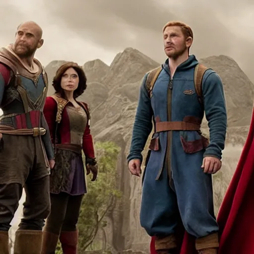 Prompt: still of snow white and the 7 dwarves in avengers endgame