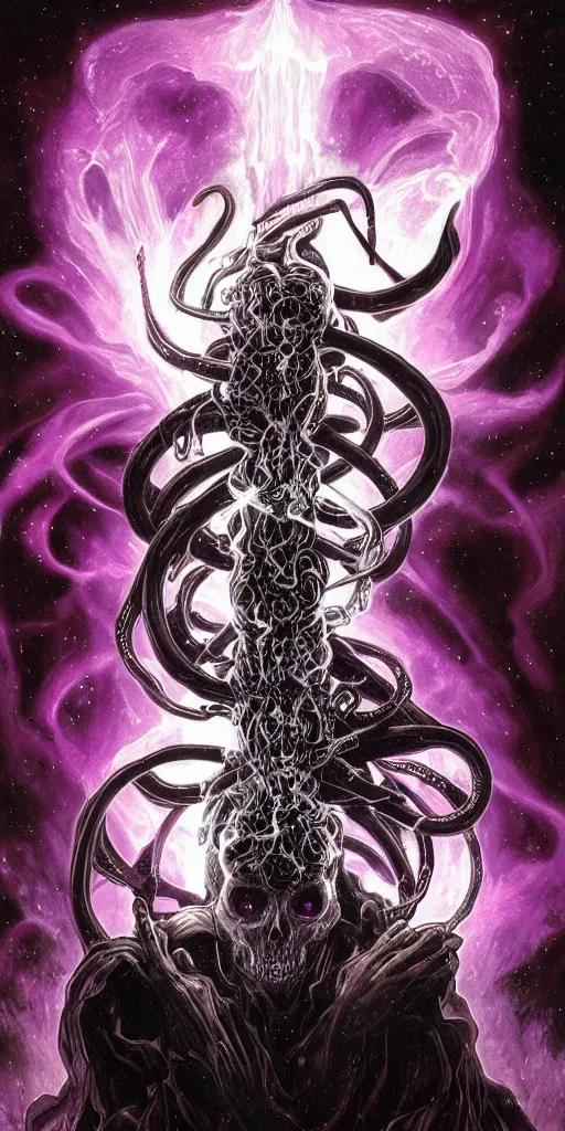 Image similar to intense glowing black metal pagan god with tentacles and intense black eyes with a skull in very dark purple cosmic space nebula by artgerm and alphonse mucha and beksinski, portrait, fantasy, clear, light beams, lens flare, soft, uhd, amazing depth, cinematic lighting, violet and red and black and white and metallic silver