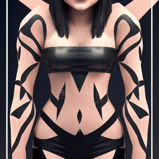 Image similar to full body character, beautiful anime woman smiling, symmetrical eyes, symmetrical face, symmetrical nose, tattooed, geometric lighting : : octane render, 8 k resolution, high quality, digital art, fantasy