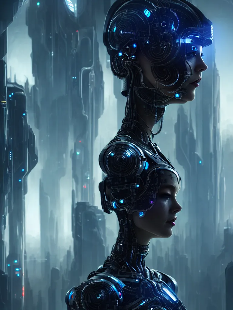 Image similar to ultra realistic, beautiful female cyborg lost in a space metropolis, sci-fi, cyberpunk, concept art, intricate details, eerie, highly detailed, octane render, 8k