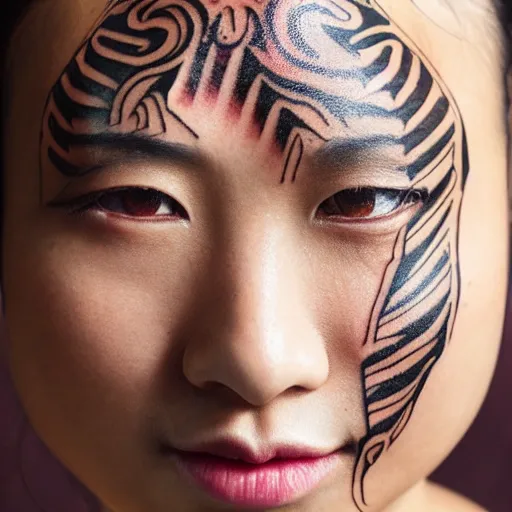 Image similar to 8 k award winning portrait photo of an asian beauty with tribal tattoos