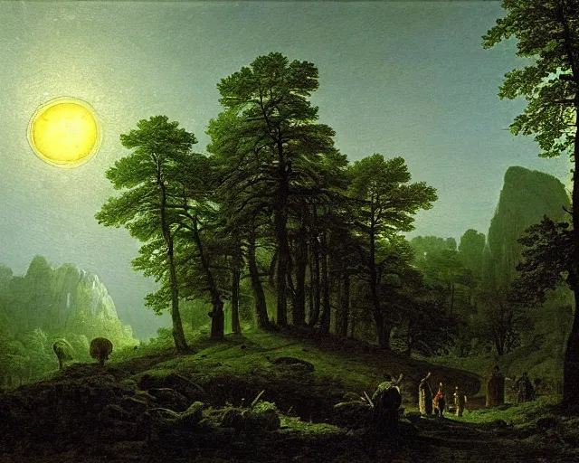 Image similar to forest landscape in the moonlight by georg eduard otto, caspar david friedrich, sebastian pether, giovanni grubacs, detailed