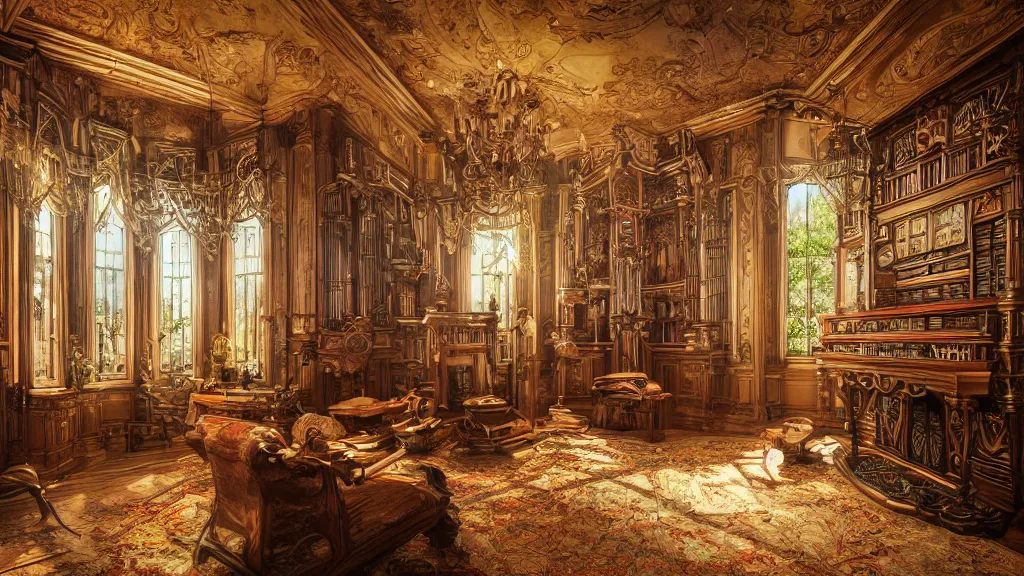 Image similar to richly decorated Victorian house with a tracker pipe organ, modern, beautiful, detailed wood, photorealistic, photorealism, lightning, clouds, smoke, the autumn light comes in through a window, diffuse light, vivid cybernetics