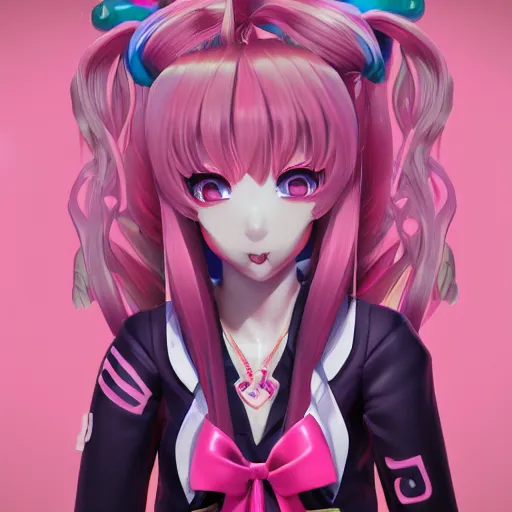 Image similar to trapped beneath stunningly absurdly beautiful omnipotent asi goddess junko enoshima with a yandere megalomaniacal personality, symmetrical perfect face, porcelain skin, pink twintail hair and cyan eyes, ultra detailed, digital art, unreal engine 5, octane render, 2 d anime, 8 k