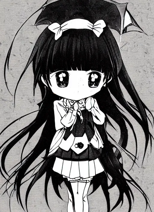 Prompt: manga style, black and white manga, kawaii chibi manga school girl kuudere by gen urobuchi and yuyuko takemiya