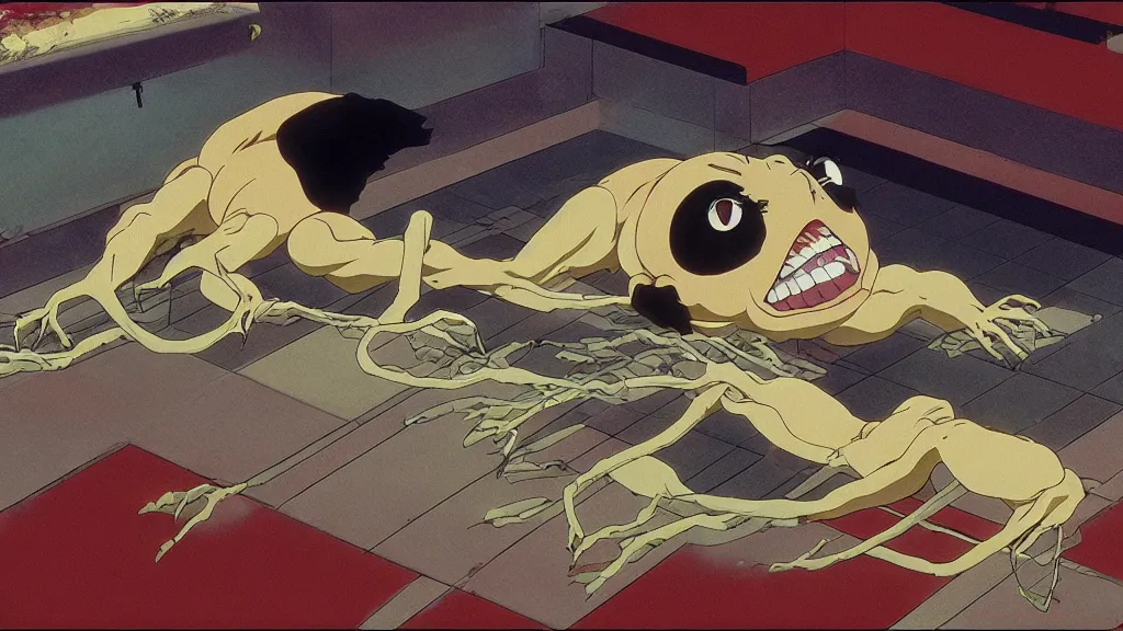 Image similar to a strange creature crawls on the ceiling of a Japanese temple, anime film still from the an anime directed by Katsuhiro Otomo with art direction by Salvador Dalí, wide lens