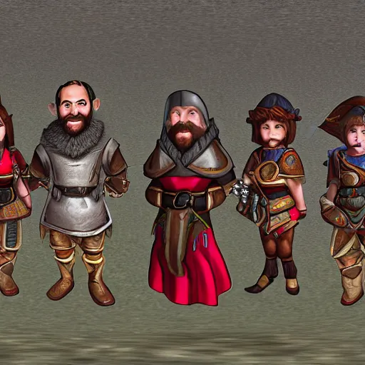 Prompt: 3 6 0 degree panorama of a female mage, a male dwarf, a male warrior, and a female thief. they're standing together.