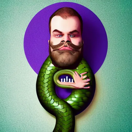 Image similar to hyperreal morbidly obese 2000kilo snake oil salesman wearing authentic purple green sip tech cowboy augmentation and curly snake moustache, fat man standing in front of blank background