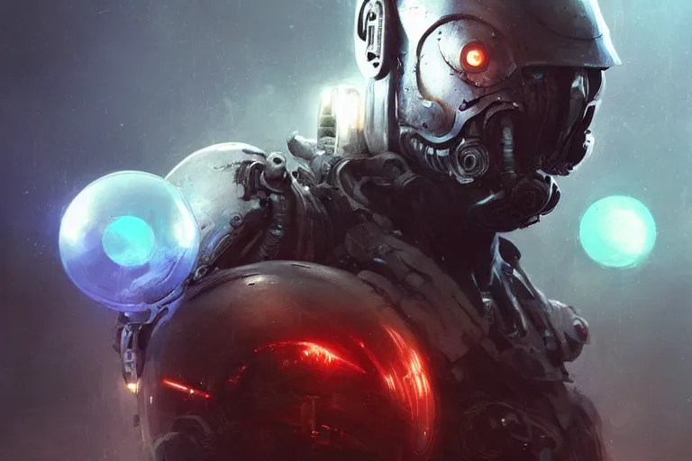 Image similar to portrait sci-fi art by Greg Rutkowski and Ruan Jia and artgerm, a glowing alien bubble floating above the hand of a soldier, futuristic environment, detailed and intricate environment, biomech, cyberpunk, neon color, chrome, dramatic lighting, cinematic, high technology, highly detailed portrait, digital painting, artstation, concept art, smooth, sharp focus, ilustration, Artstation HQ