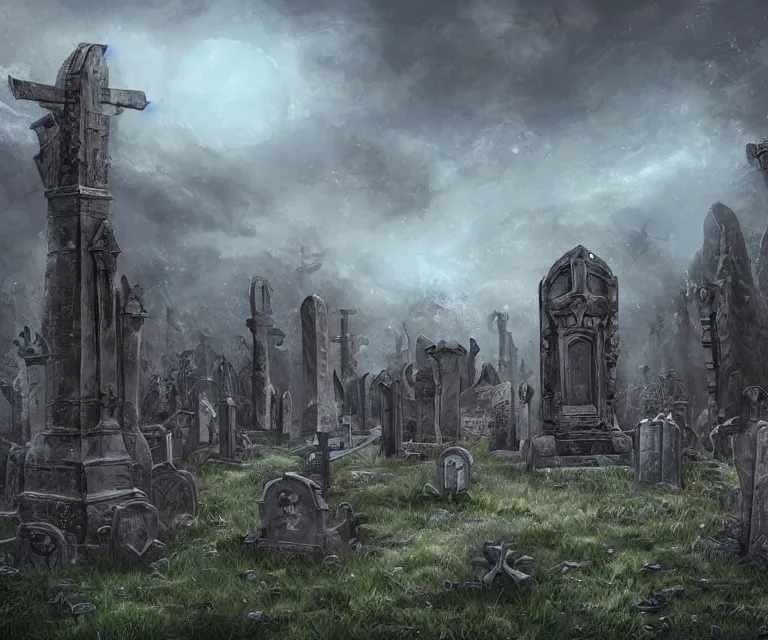 Image similar to a city of tombs and tombstones, graveyard landscape, giant grave structures, giant tomb structures, dark fantasy, digital art, fantasy art