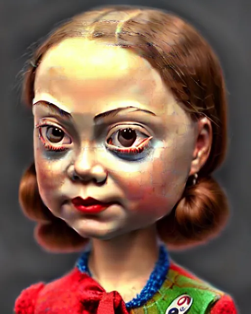 Prompt: closeup profile portrait of a tin toy greta thunberg as a 1 9 3 0 s gangster's moll in a gambling den, bikini, hyper realistic, artstation, illustration, nicoletta ceccoli, mark ryden, lostfish, max fleischer, digital paint, matte paint, vivid colors, bright, cheerful, detailed and intricate environment