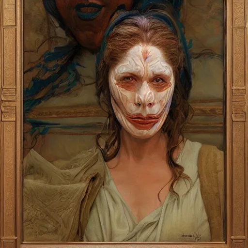 Image similar to portrait of a woman with a painted wood mask, by donato giancola.