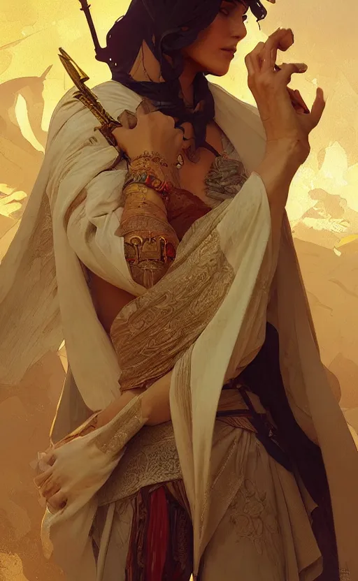 Image similar to a personification of the middle east, highly detailed, digital painting, artstation, concept art, sharp focus, illustration, art by greg rutkowski and alphonse mucha