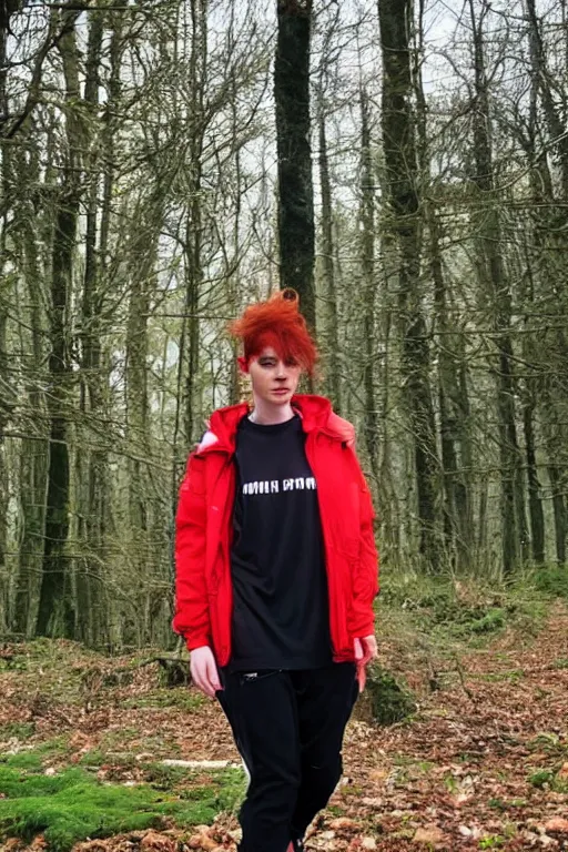 Image similar to beautiful red haired british woman in techwear, techwear look and clothes, Nike ACG, ACRNYM, Errolson Hugh, Y3, trending on r/streetwear, outfit photo, we see them from head to toe