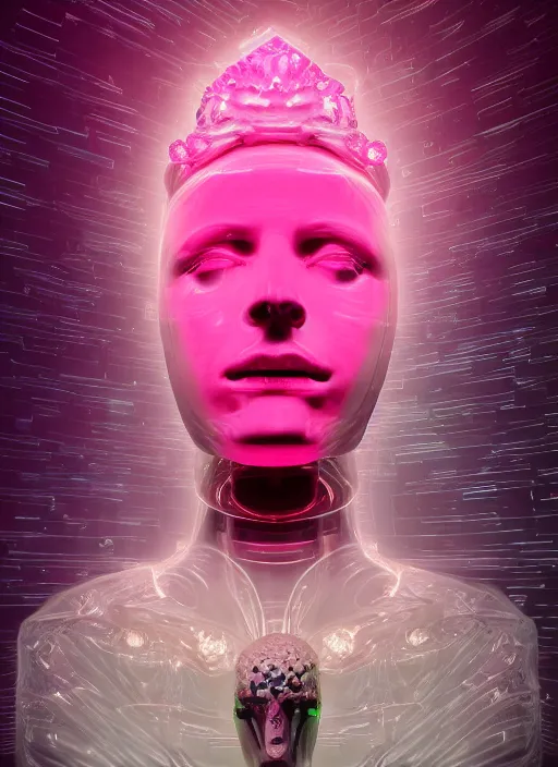 Prompt: photo of fullbodied baroque and bladerunner delicate neon diamond sculpture of seductive ceramic albino marble prince brian whittaker dotado mint iridescent humanoid deity wearing pink plastic fluffy hoody holding diamond skull in a white alien dungeon, reclining, glowing magenta face, crown of white diamonds, cinematic lighting, photorealistic, octane render 8 k depth of field 3 d