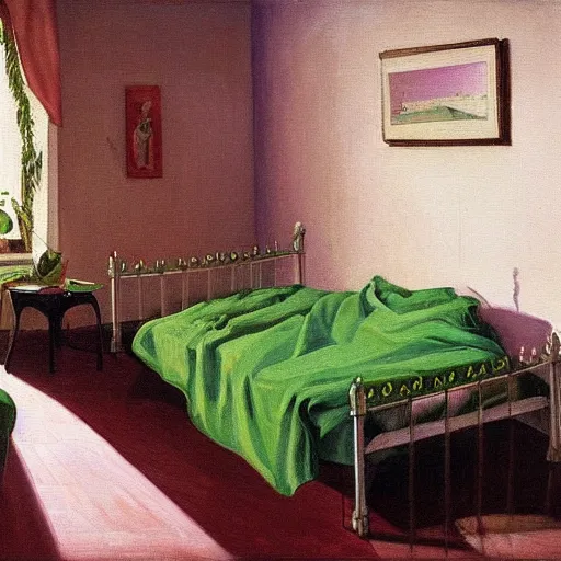 Prompt: white bed with green bedsheets in a room with light green walls, two women try to sleep while an anxious chihuahua looms above them, detailed oil painting