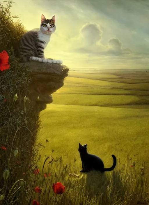 Prompt: the cat in the field from poppy and tulip, hyperrealism, no blur, 4 k resolution, ultra detailed, style of tyler edlin, tom bagshaw, arthur rackham, ivan shishkin