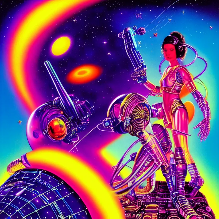 Image similar to cosmic astronaut girl, 2 0 yo, close - up, synthwave, bright neon colors, highly detailed, cinematic, tim white, roger dean, michael whelan, jim burns, bob eggleton, philippe druillet, vladimir kush, kubrick, alfred kelsner, vallejo