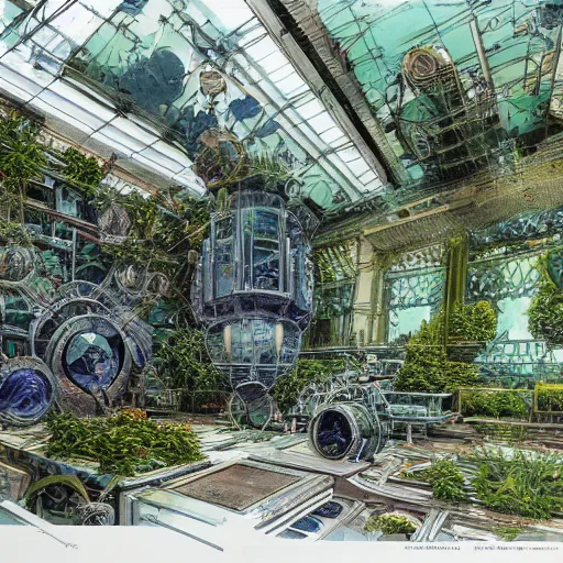 Image similar to annotated highly, detailed and intricate, room full of plants + marker concept art style rendering, concept art, half blueprint, trending on artstation, intricate details, john berkey, vincent di fate, ralph mcquarrie, center frame, annotations, metalic green, kelsey grammer sketch