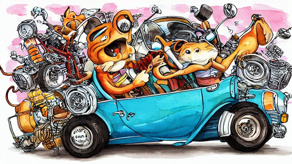 Prompt: cute and funny, racoon riding in a tiny hot rod coupe, ratfink style by ed roth, centered award winning watercolor pen illustration, isometric illustration by chihiro iwasaki, edited by range murata